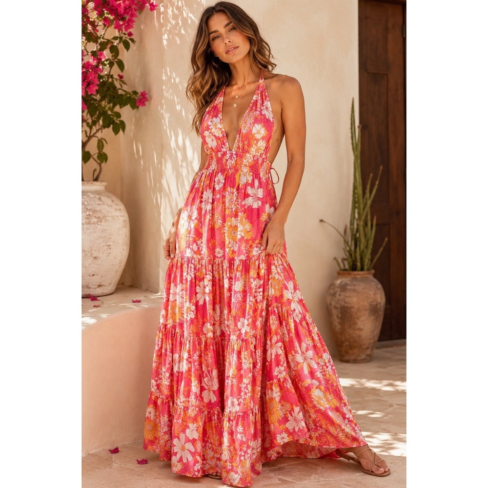 Aakaa Floral Halter Maxi Dress Sz S Boho Open Back Pink Retro Festival Rayon - Picture 1 of 9